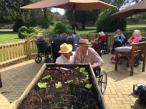 resident and carer gardening at raised trough