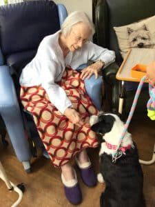 Pet therapy as one of the monthly activities - residents stroking a dog 